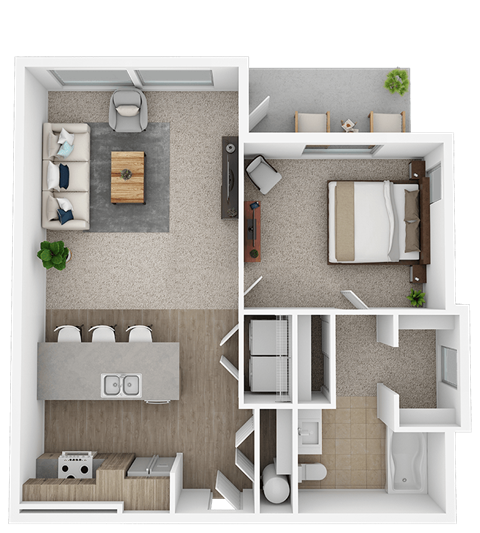 Floor plan for 1 bed, 1 bath, 769 sqft